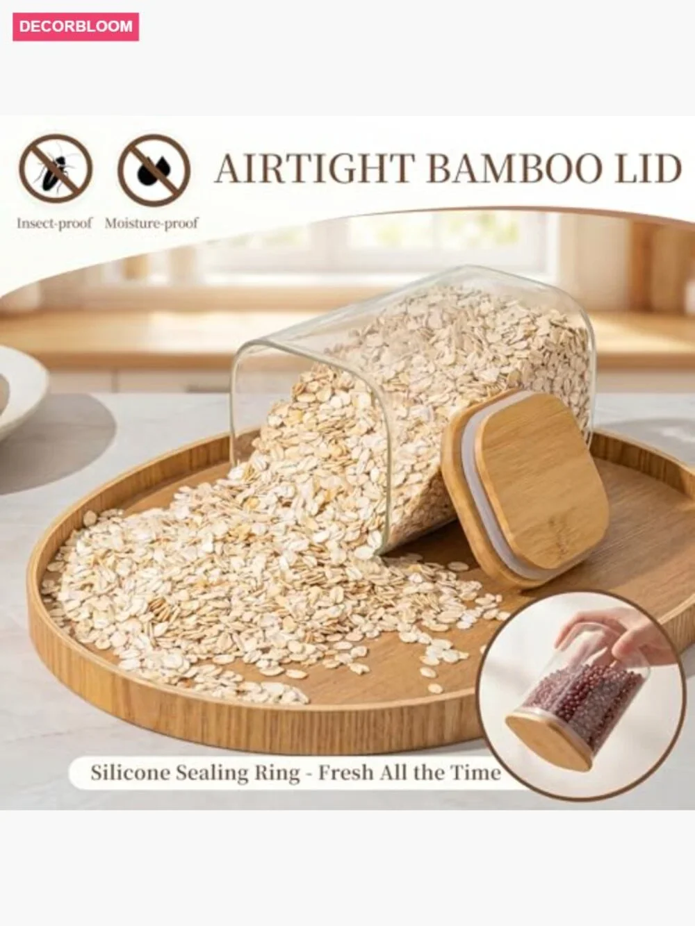 37 Oz Glass Storage Jars with Bamboo Lids – 6 Pack Airtight Square Canisters